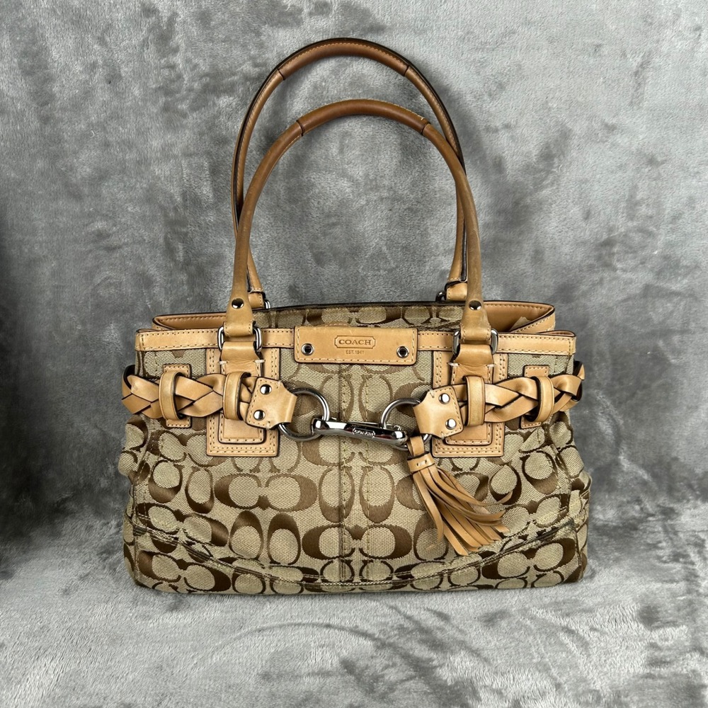 Coach Hampton F15665 Signature Canvas Satchel Khaki Brown Y2K Braided Bag